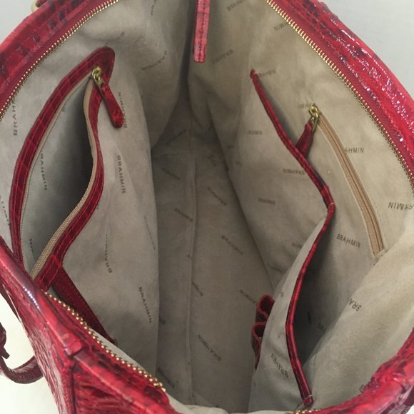 Brahmin Red Med Asher Melborne Croc Shoulder Bag Purse Tote Zip Top Cell Pocket - Picture 15 of 17